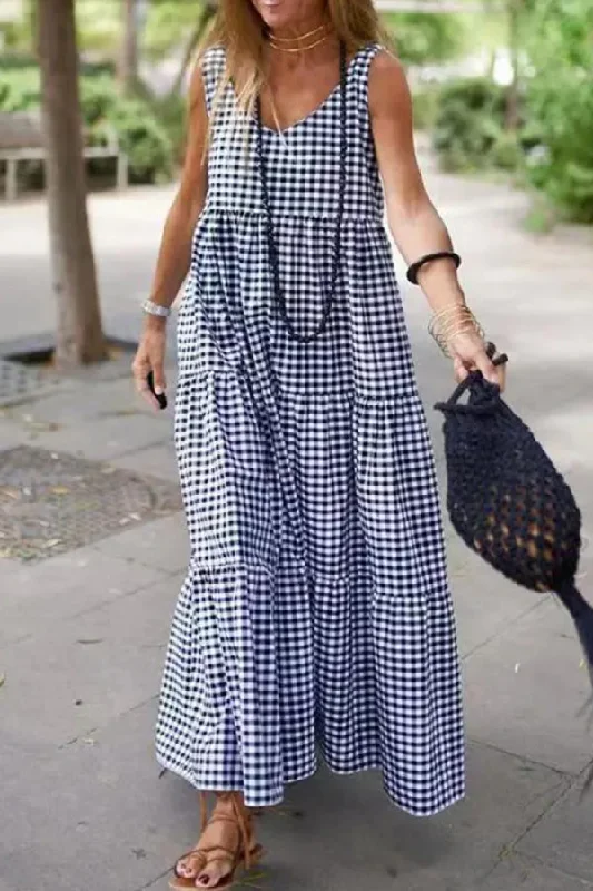 Cotton And Linen Plaid Loose Maxi Dress Elegant Tiered Maxi Dress