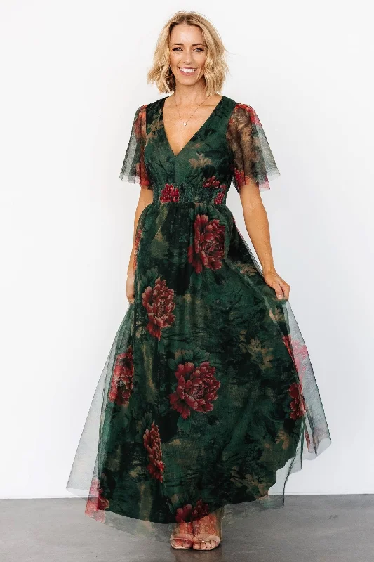 Cressida Tulle Maxi Dress | Dark Green + Red Floral Trendy Maxi Dress with Straps