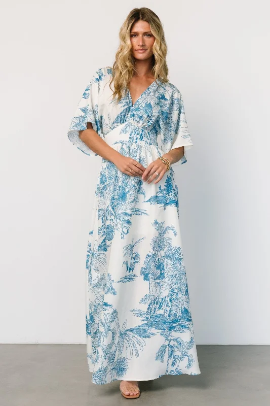 Dara Maxi Dress | Ivory + Blue Print Comfortable Satin Maxi Dress