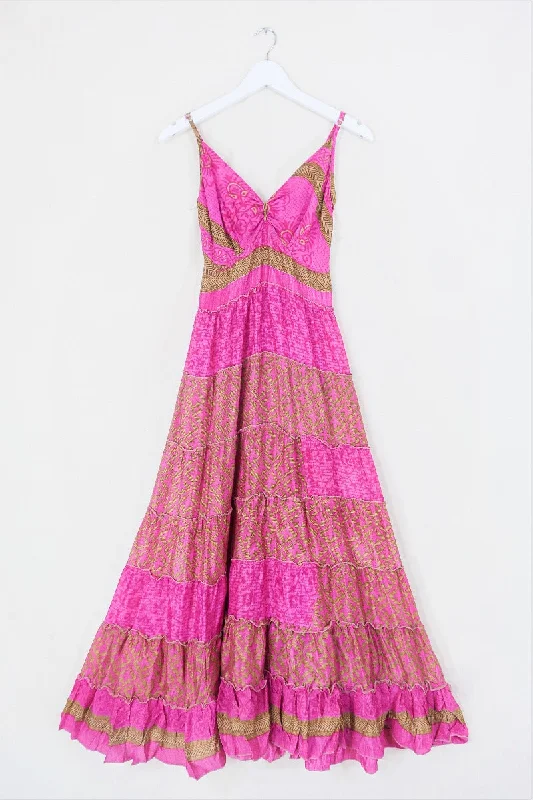 Delilah Maxi Dress - Barbie Pink & Bronze Patchwork - Vintage Sari - Free Size M/L Classic Solid Maxi Dress