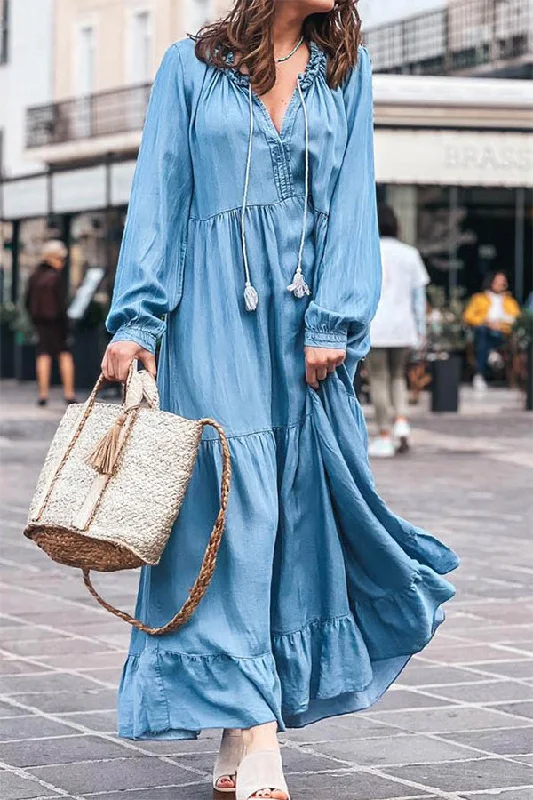 Denim V-neck long-sleeved ruffled maxi dress Cozy Spaghetti Strap Maxi Dress