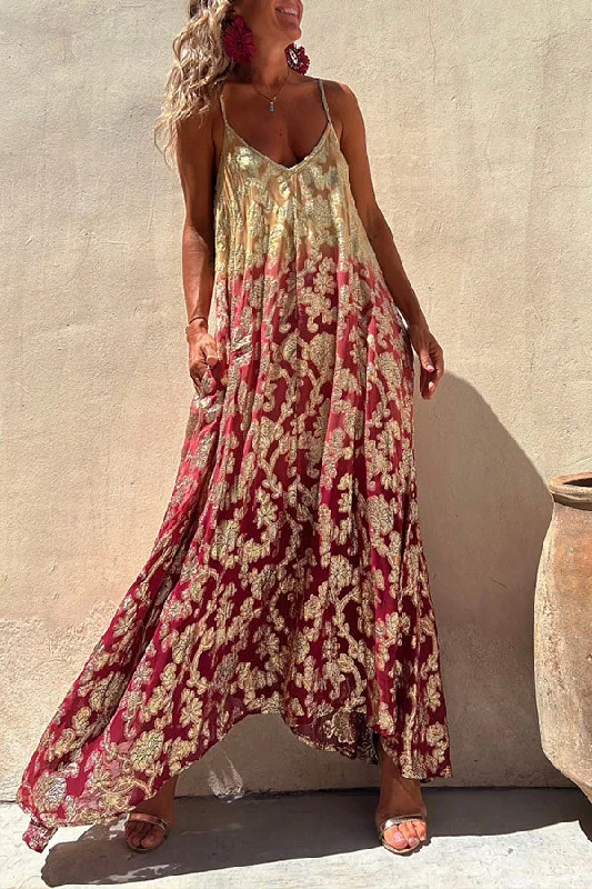 Eternal Dreamer Golden Floral Gradient Pocket A-line Cami Maxi Dress Trendy Maxi Dress with Bow