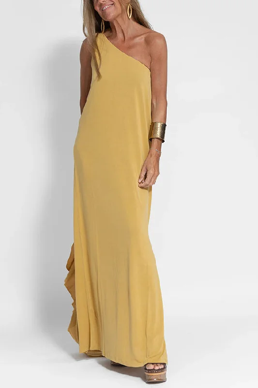 Flawless and Free One Shoulder Relaxed Slit Maxi Dress Comfortable Fitted Maxi Dress