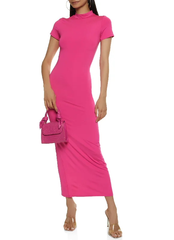 Solid Short Sleeve Mock Neck Maxi Dress Stylish V-Neck Maxi Dress