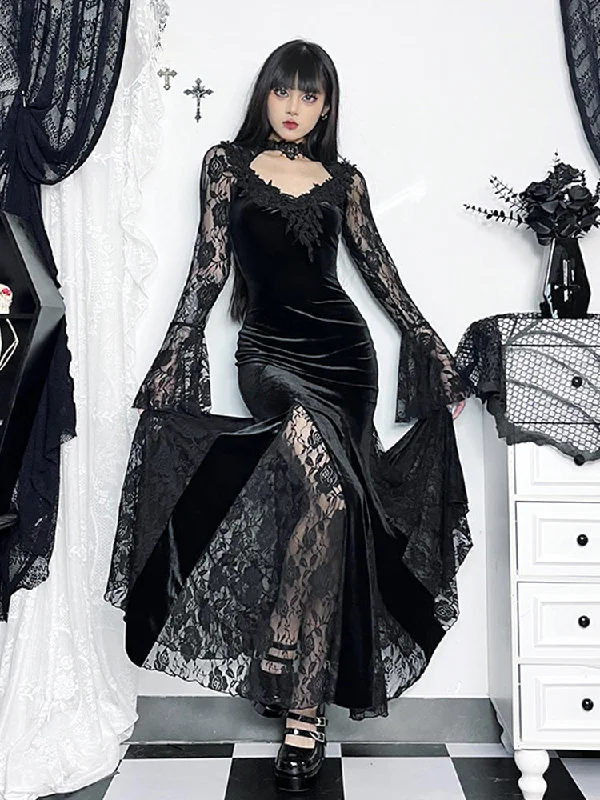 Gothic Long Sleeve Lace Ruched Fishtail Bodycon Mermaid Cocktail Maxi Dress Cozy Knit Maxi Dress