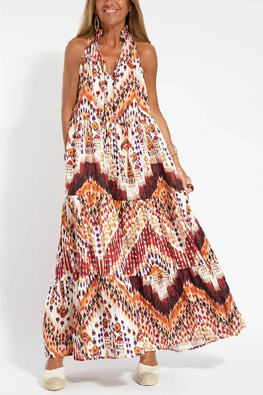 Graceful Appearance Boho Ethnic Print A-line Maxi Dress Fashionable Faux Wrap Maxi Dress