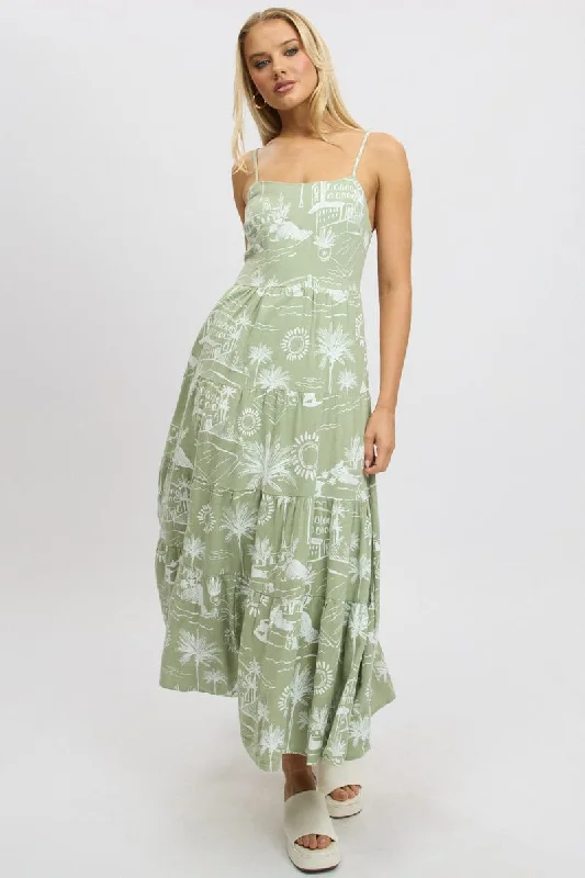 Green Abstract Maxi Dress Tiered Strappy Trendy Off-Shoulder Ruffle Maxi Dress