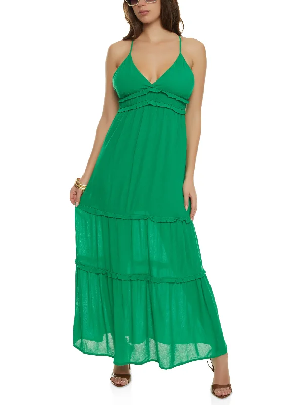 Sleeveless Tiered Empire Waist Maxi Dress Trendy Maxi Dress with Bow