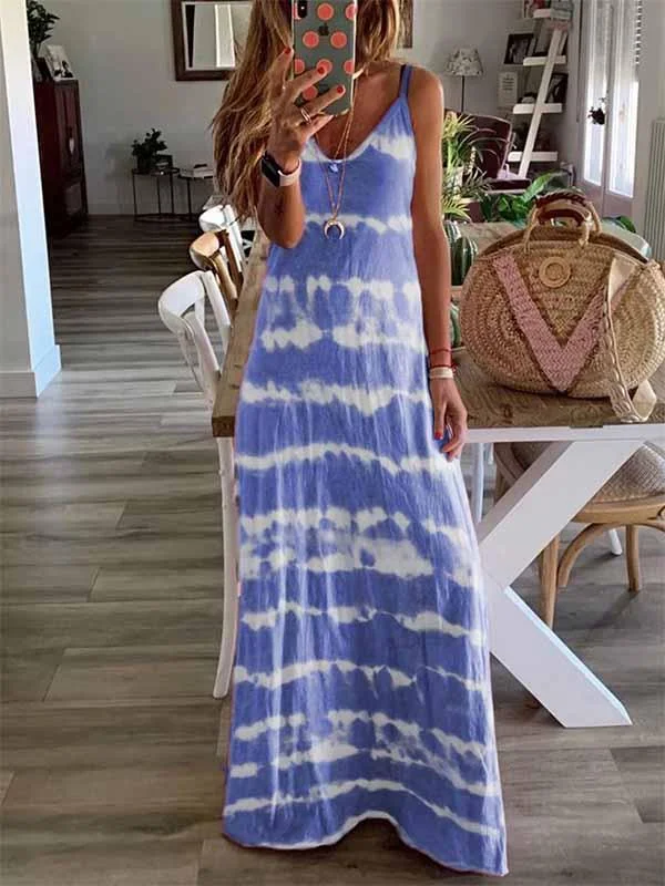 iForgirls Tie-dye Print Maxi Dress Comfortable Maxi Dress with Belt