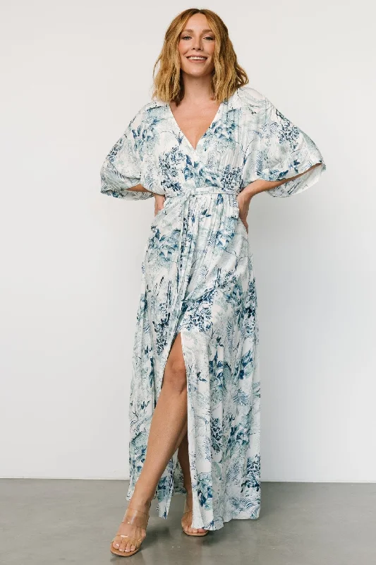 Kalea Maxi Dress | Blue + White Stylish Pleated A-Line Maxi Dress