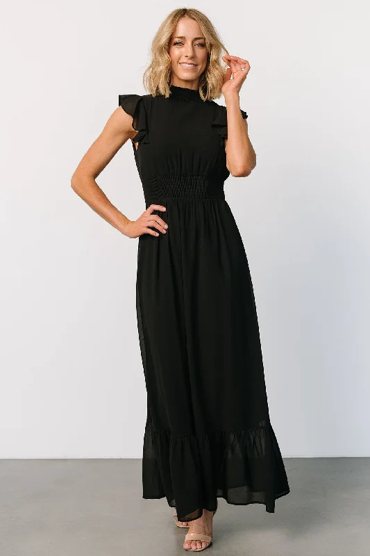 Kearny Ruffle Maxi Dress | Black Trendy Off-Shoulder Ruffle Maxi Dress