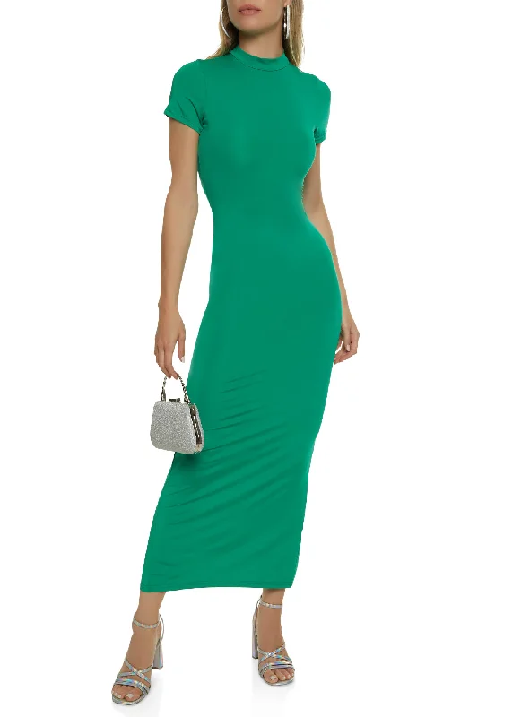 Solid Short Sleeve Mock Neck Maxi Dress Stylish Maxi Dress with Pleats