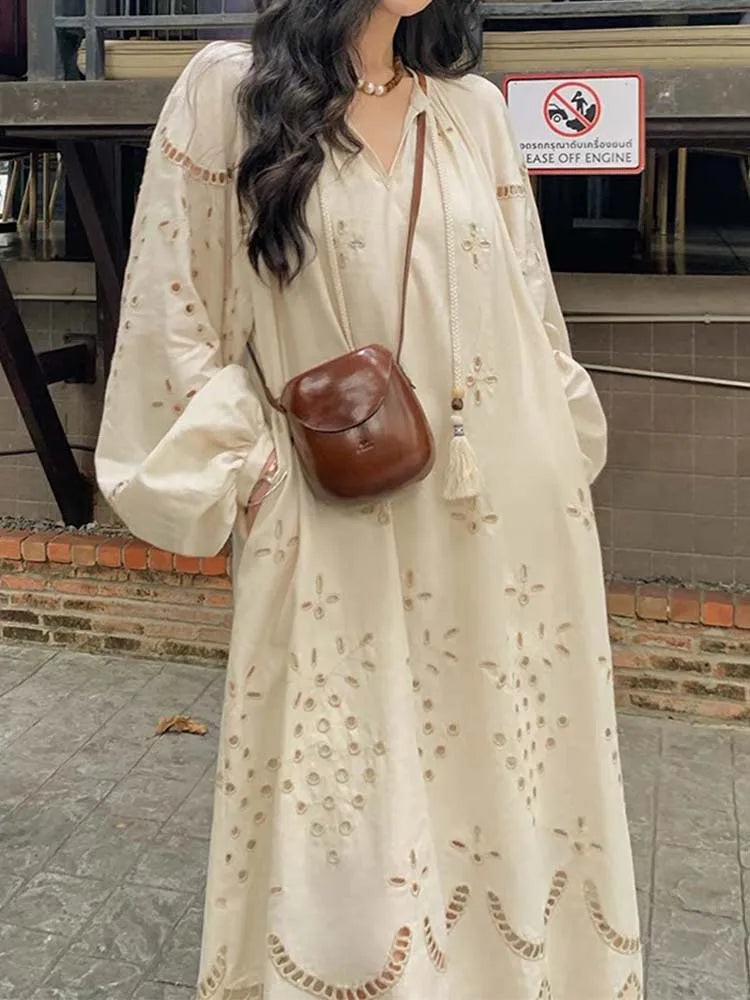 DressBetty - 2024 Korean Style Vintage Long Sleeve V-Neck Boho Hollow Out Maxi Dress Classic A-Line Maxi Dress