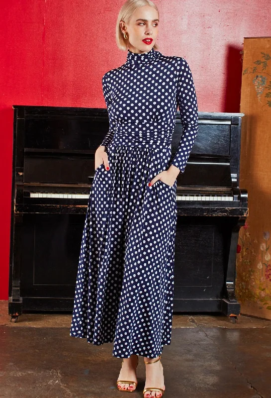 Lauren Maxi Dress - Navy Polka Dot Elegant Floral Maxi Dress