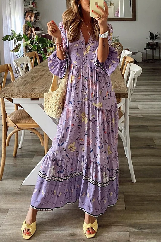 Lavender Flavor Printed Long Sleeve Button A-line Maxi Dress Comfortable Ruffle Hem Maxi Dress