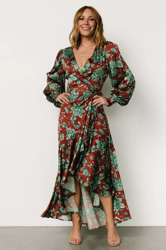 Lavinia Ruffle Maxi Dress | Rust + Green Floral Fashionable Open-Back Maxi Dress