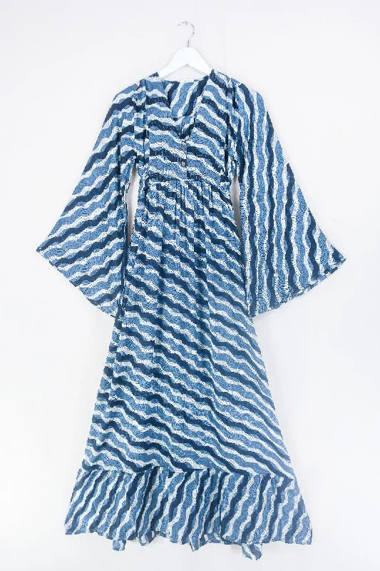 Lunar Maxi Dress - Vintage Sari - Salt White, Onyx & Slate Blue - Size XS Stylish Boho Chic Maxi Dress