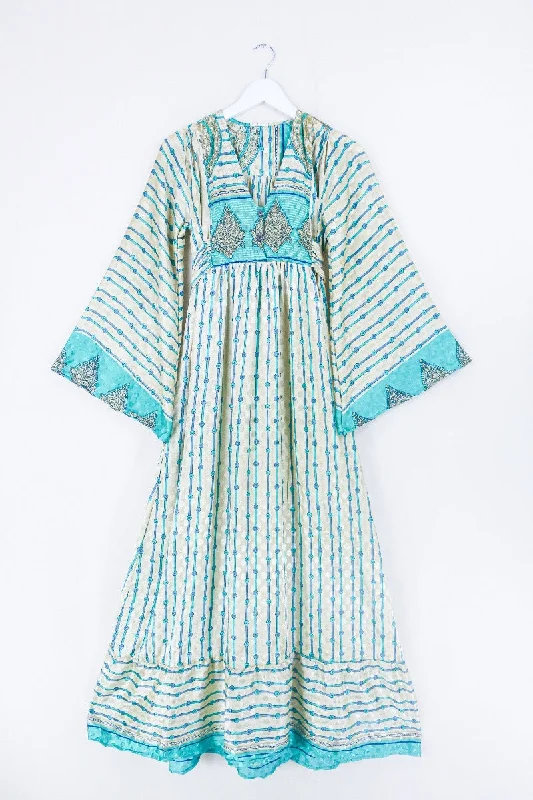 Lunar Maxi Dress - Vintage Sari - Sand & Seafoam Graphic - Size XS Stylish Button-Up Maxi Dress