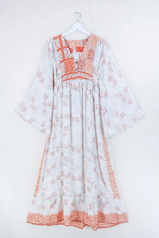 Lunar Maxi Dress - Vintage Sari - Burnt Orange & White Tile - Size S/M Trendy Printed Maxi Dress