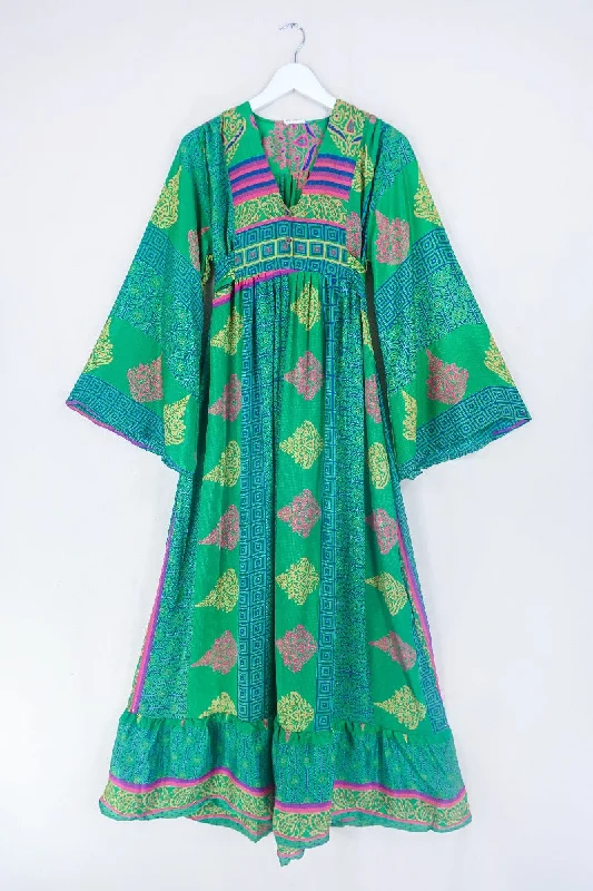 Lunar Maxi Dress - Vintage Sari - Jungle Green Patchwork Tile - Size XS Elegant Sleeveless Maxi Dress