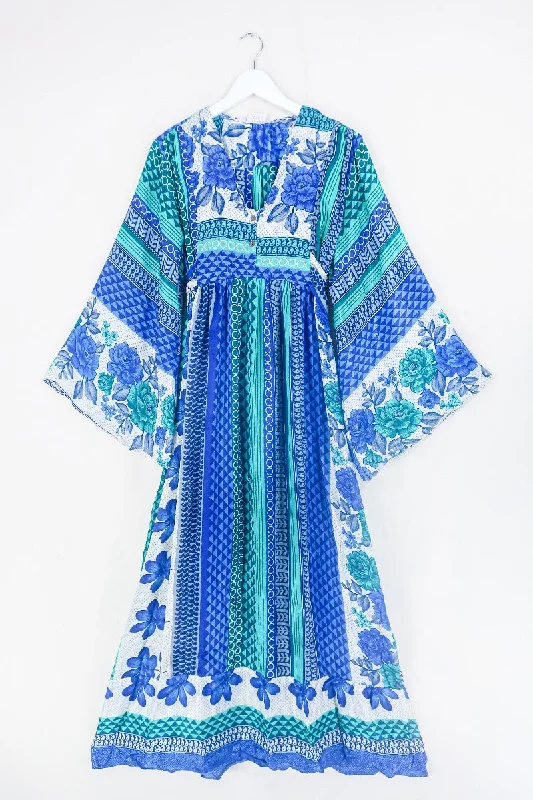 Lunar Maxi Dress - Vintage Sari - Jade & Indigo Floral - Size S/M Trendy Off-Shoulder Ruffle Maxi Dress