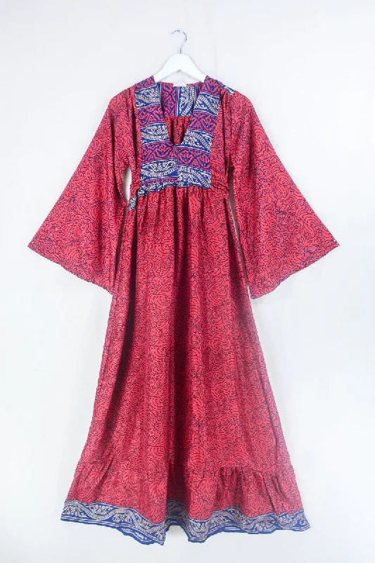 Lunar Maxi Dress - Vintage Sari - Ruby Red Psychedelic Print - Size XS Comfortable Long-Sleeve Maxi Dress