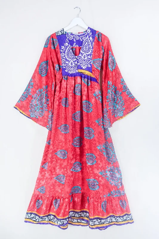 Lunar Maxi Dress - Vintage Sari - Deep Coral & Jade Motif - Size XS Elegant Lace Maxi Dress