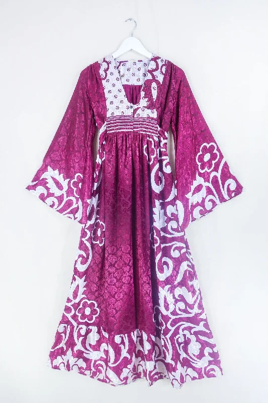 Lunar Maxi Dress - Vintage Sari - Wine and Ice Flora  - Size S/M Trendy Maxi Dress with Belt