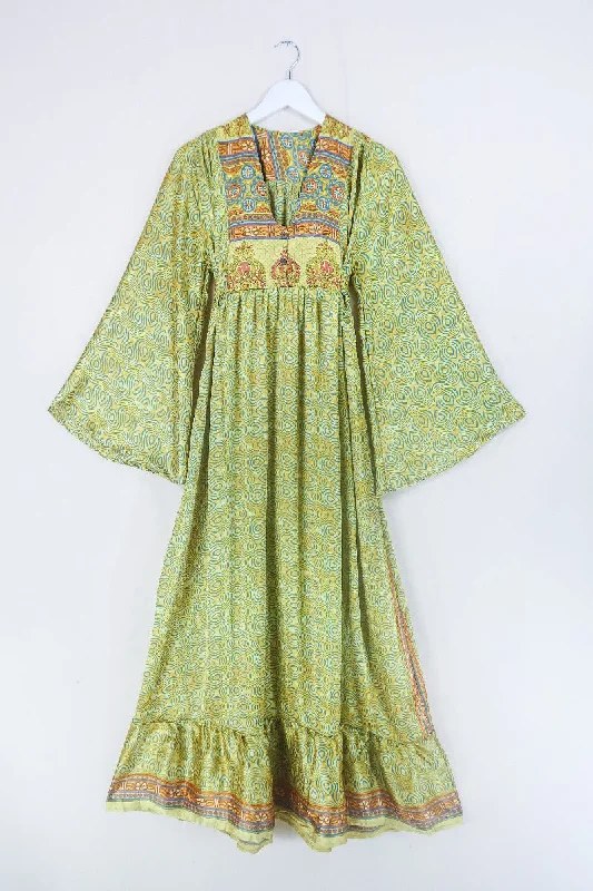 Lunar Maxi Dress - Vintage Sari - Sunny Yellow Motif - Size S Comfortable Ruffle Maxi Dress