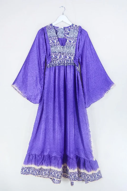 Lunar Maxi Dress - Vintage Sari - Violet Wildflower - Size S Cozy Maxi Dress with Slit