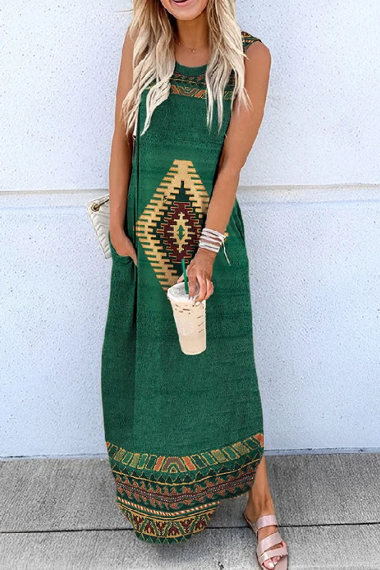 Merced Ethnic Geometric Hippie Print Pocketed Knit Maxi Dress Fashionable Chiffon Maxi Dress