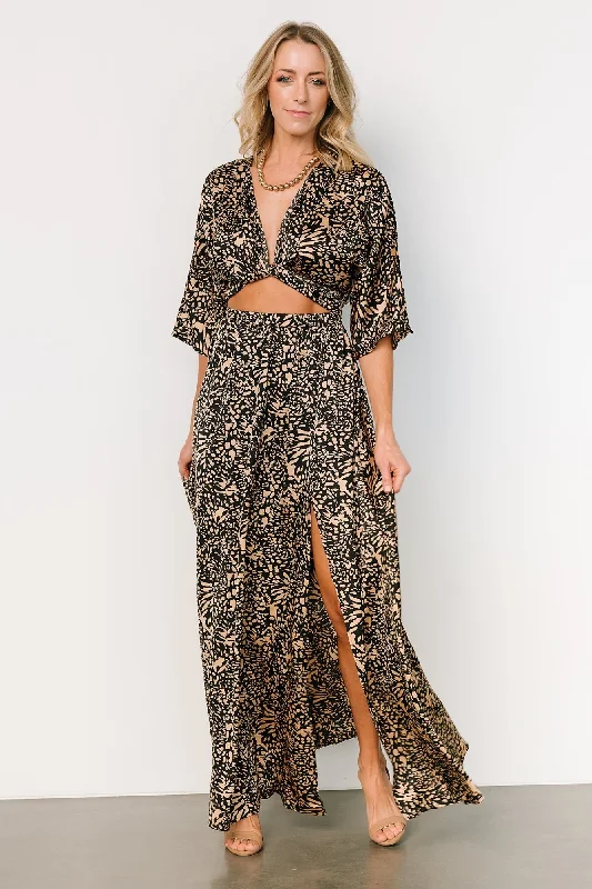 Morlana Maxi Dress | Black + Tan Print Elegant Velvet Maxi Dress