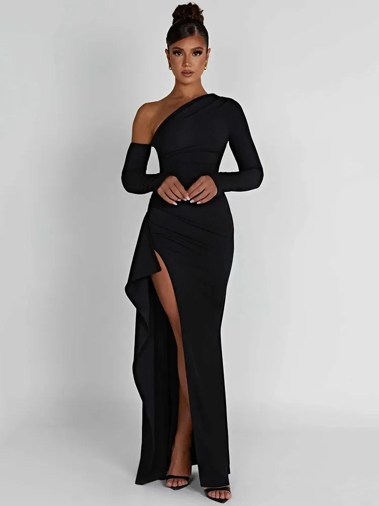 DressBetty - 2024 Mozision Oblique Shoulder Thigh High Split Long Sleeve Maxi Dress Elegant Silk Maxi Dress