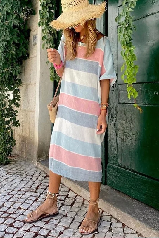 Multicolor Striped Color Block Loose Fit Half Sleeve Maxi Dress Elegant Silk Maxi Dress