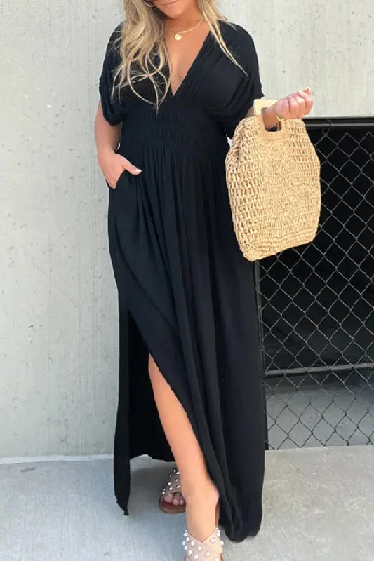 My Treasure Kimono Sleeve Pocketed Smoke Detail Slit Maxi Dress Trendy Button Front Maxi Dress