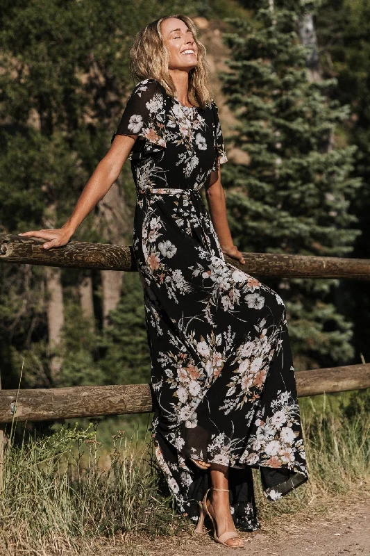 Naomi Short Sleeve Maxi Dress | Black Floral Elegant Maxi Dress with Lace