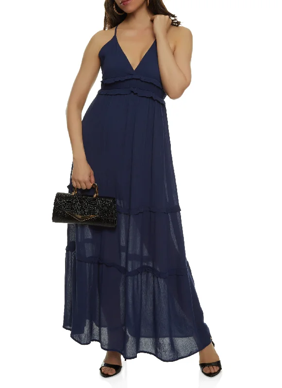 Sleeveless Tiered Empire Waist Maxi Dress Trendy Fit-and-Flare Maxi Dress