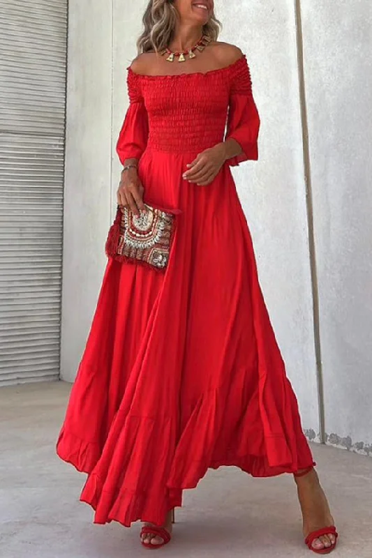 Off-the-shoulder five-quarter-sleeve bell-sleeve pleated maxi dress Comfortable Bohemian Maxi Dress