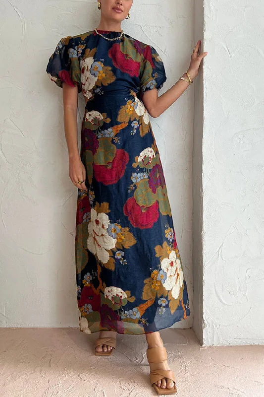 Our Greatest Love Watercolor Floral Puff Sleeve Cutout Elastic Waist Maxi Dress Trendy V-Neck Maxi Dress