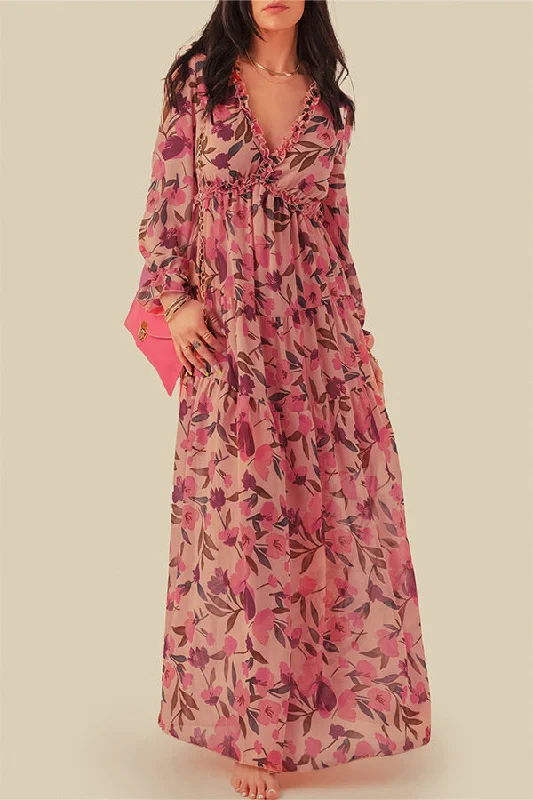 Pastel Red Floral Print Ruffle Trim Plunge Neckline Maxi Dress Comfortable Maxi Dress with Slits