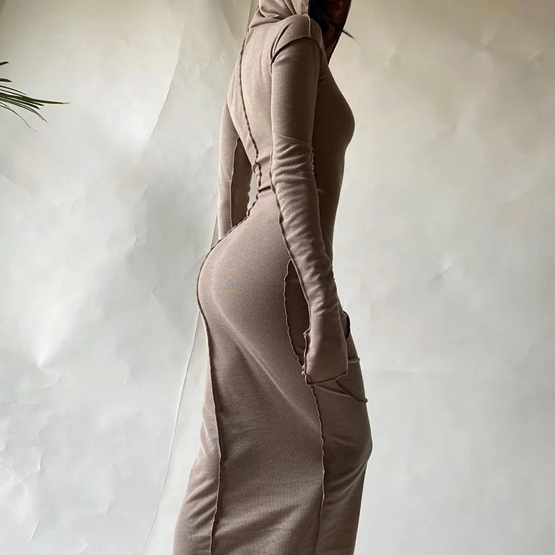 DressBetty - 2024 Patchwork Hooded Long Sleeve Skinny Maxi Dress Stylish One-Shoulder Maxi Dress