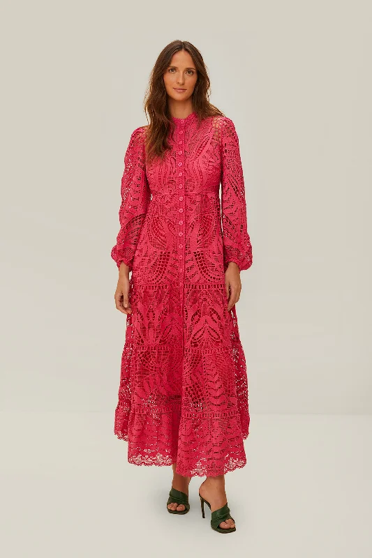 Pink Guipire Maxi Dress Stylish Button-Up Maxi Dress