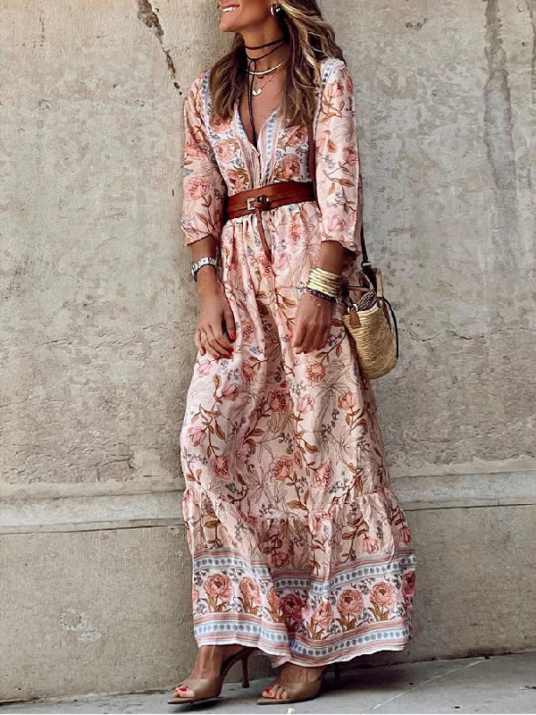 Pink Sexy Bohemian Floral V Neck Ruffle Maxi Dress Fashionable Sleeveless Maxi Dress