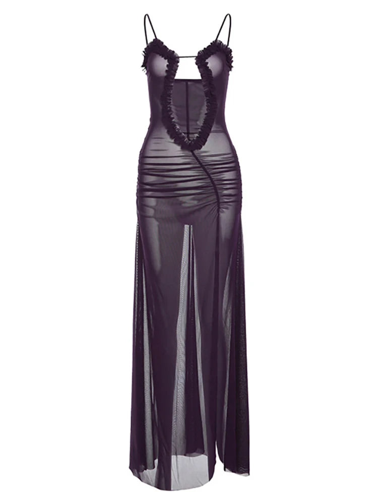 DressBetty - 2024 Sexy Backless Mesh Split Sleeveless Maxi Dress Cozy Maxi Dress with Slit