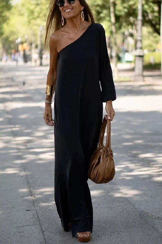 Side To Side One Shoulder Statement Maxi Dress Comfortable Satin Maxi Dress