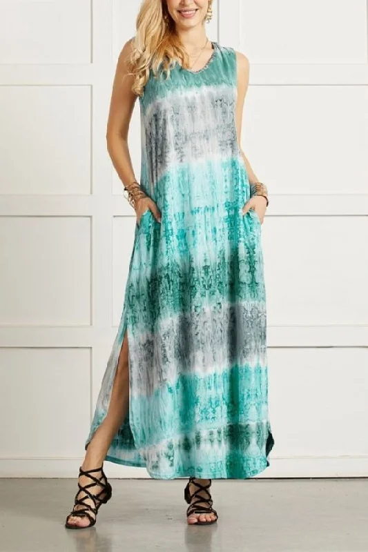 SLEEVELESS COLORFUL PRINTING MAXI DRESS Trendy Ruffled Maxi Dress