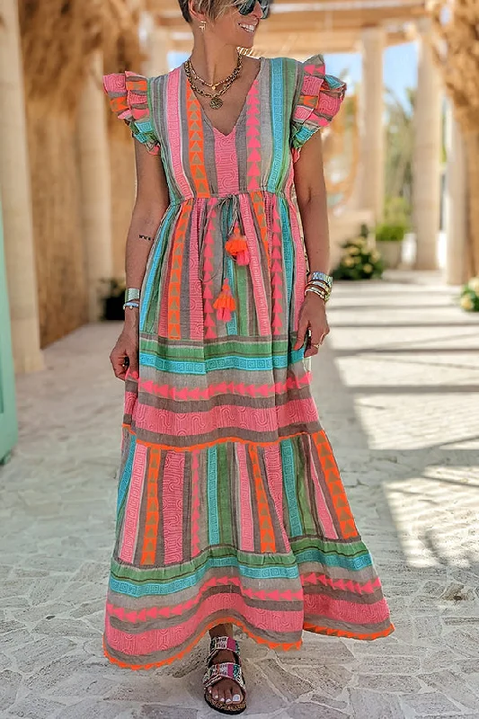 Sunlit Magic Linen Blend Ethnic Print Ruffle Sleeve Tassel Maxi Dress Comfortable Fit-and-Flare Maxi Dress