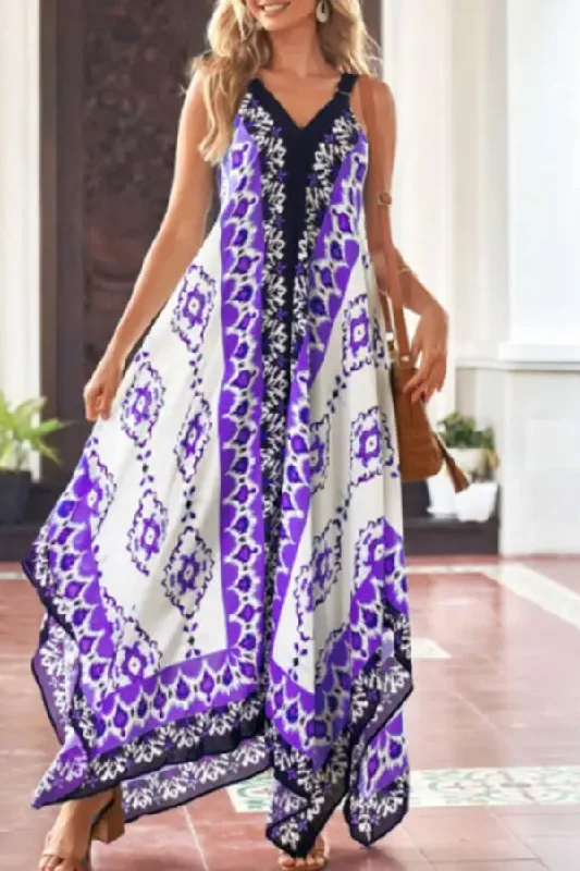 V-Neck Casual Loose Retro Print Vacation Sleeveless Maxi Dress Comfortable Maxi Dress with Sleeves