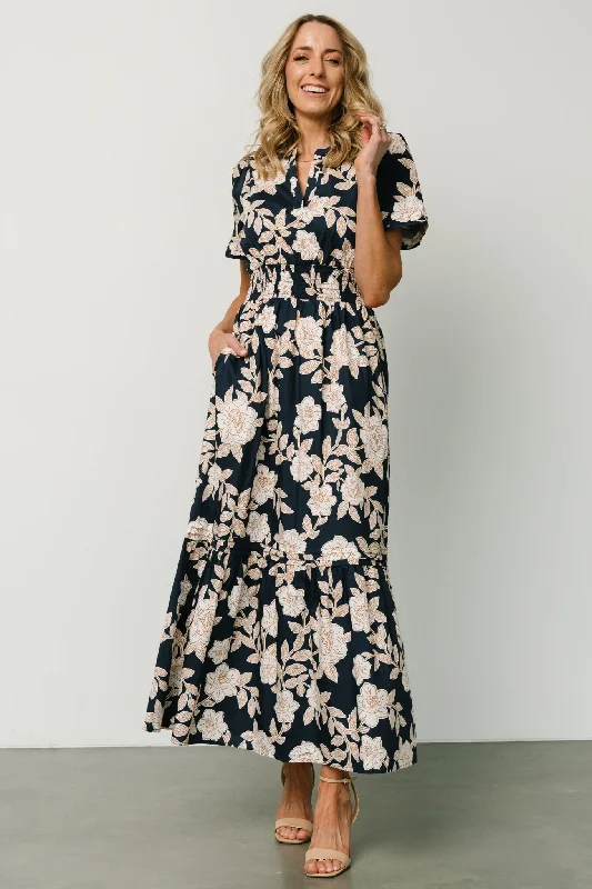 Vera Maxi Dress | Navy Floral Cozy Cold-Shoulder Maxi Dress