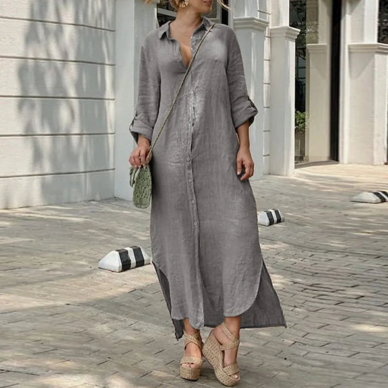 DressBetty - 2024 Vintage Solid Tunicas Lapel Button Up Boho Maxi Dress Fashionable Button-Down Maxi Dress